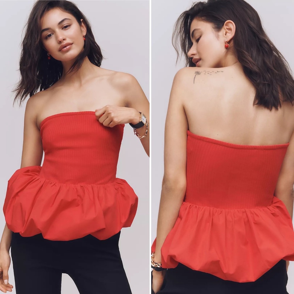 NWT Anthropologie Maeve Red Strapless Bubble Hem‎ Peplum Top L